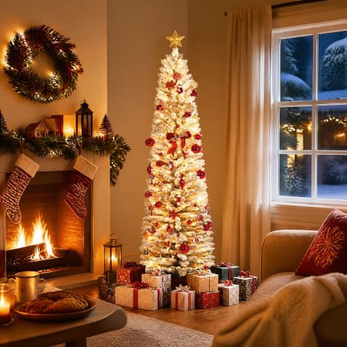 7.5ft Pre-Lit Snow Flocked Artificial Christmas Tree, White Lighted Slim Pencil Xmas Tree for Holiday Decoration with 170 Warm White Lights, Foldable Metal Stand
