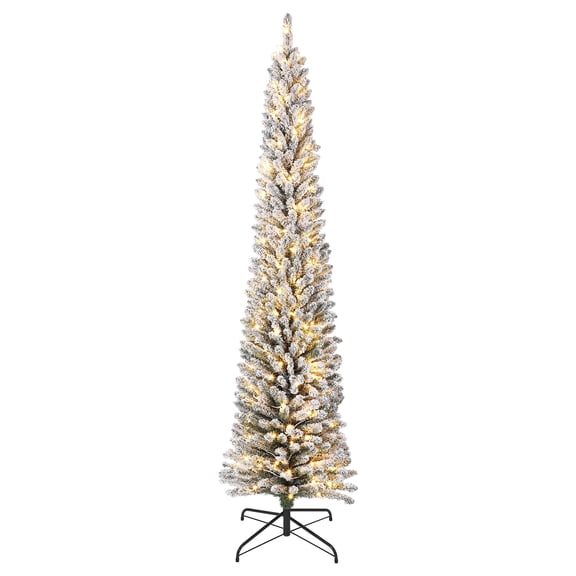 7.5ft Pre-Lit Snow Flocked Artificial Christmas Tree with 250 Warm White LED Lights, Pencil Slim Design for Small Spaces, Home Office Holiday Decor
