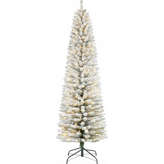 7.5ft Pre-Lit Snow Flocked Pencil Christmas Tree, Slim Fir Hinged Xmas Tree with 220 Warm White Lights & Snowy Branch Tips, White