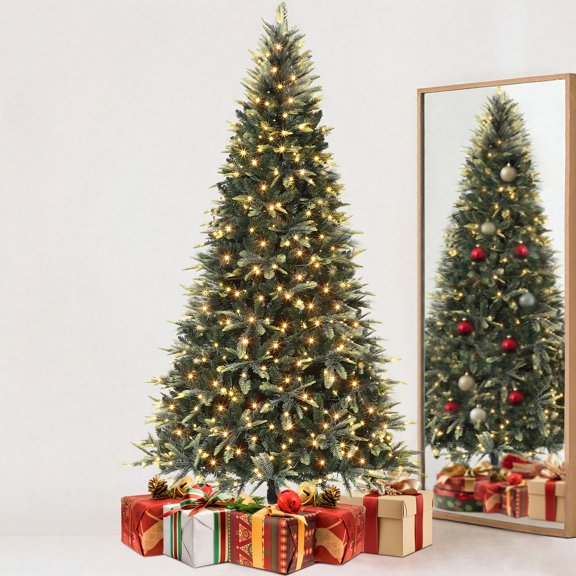 7.5ft Pre-lit Artificial Christmas Tree with Incandescent 450 Warm White Lights, 1531 Full Prelighted Xmas Tree Automatic Branch Tips, Metal Foldable Stand, Green