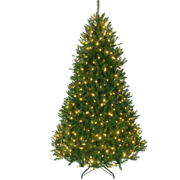 7.5ft Pre-lit Artificial Christmas Tree, Prelighted Green Artificial Xmas Tree, With 659 Branch Tips, 130 Incandescent Lights & Foldable Base, For Home, Office, Party Decor