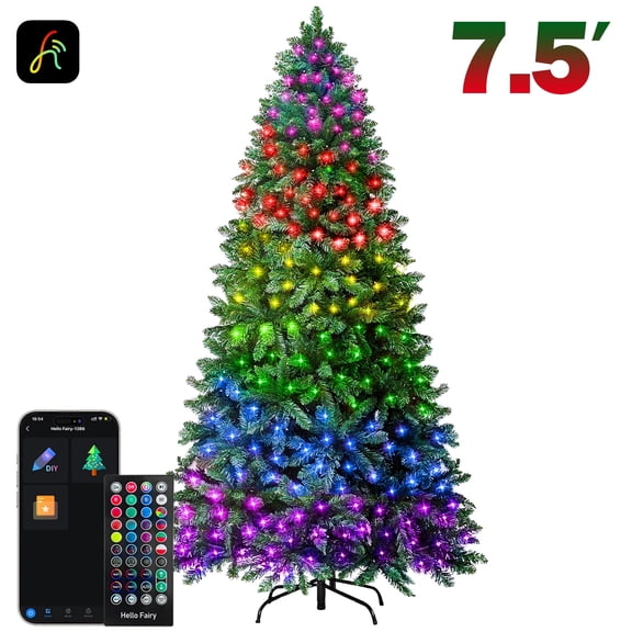 7.5ft Pre-lit Artificial Christmas Tree with Smart Multicolor LED Fairy Lights Remote and App-Controlled