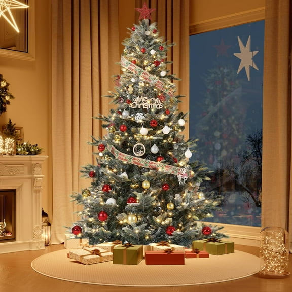 7.5ft Pre-lit Aspen Fir Artificial Christmas Tree with Warm Lights Full Prelighted Xmas Tree w/Branch Tips & Foldable Stand for Home Holiday Decor, Green