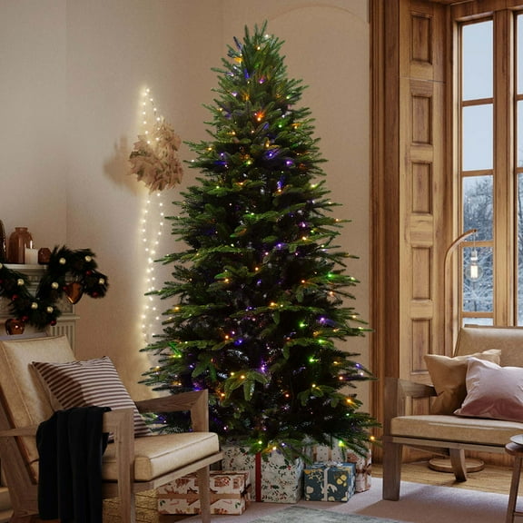 7.5ft Pre-lit Christmas Tree, Artificial Classic Spruce Christmas Tree with 250 Warm White Lights, 1481 Branches Tips and Foldable Metal Stand, Perfect Choice for Xmas Decoration