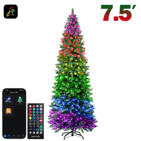 7.5ft Pre-lit Pencil Artificial Christmas Tree with Smart Programmable RGB LED Fairy Lights DIY Multi-color Changing App Controlled