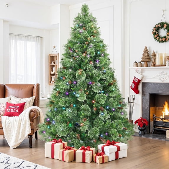 Alupssuc 6.5 ft Prelit Artificial Hinged Christmas Pine Tree, Warm White & RGB Lights, Pinecone Ornaments, and A Remote Control, Perfectly Complements Holiday Decorations, Parties