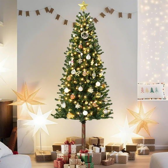 7.5ft Prelit Artificial Christmas Tree With Lights, Slim Pencil Xmas Tree With LED Pre-Lit, 7.5 Ft Christmas Tree With Twinkle Lights, With Warm White Lights & Metal Stand, Xmas Decorations