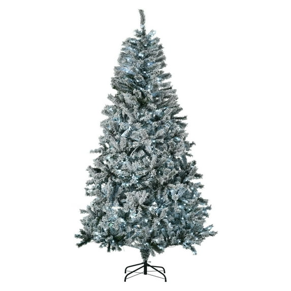 7.5ft Prelit Flocked Christmas Tree, Snow Frosted Artificial Xmas Tree with 500 Cold White LED Lights, Easy Assembly, Indoor Holiday Decor