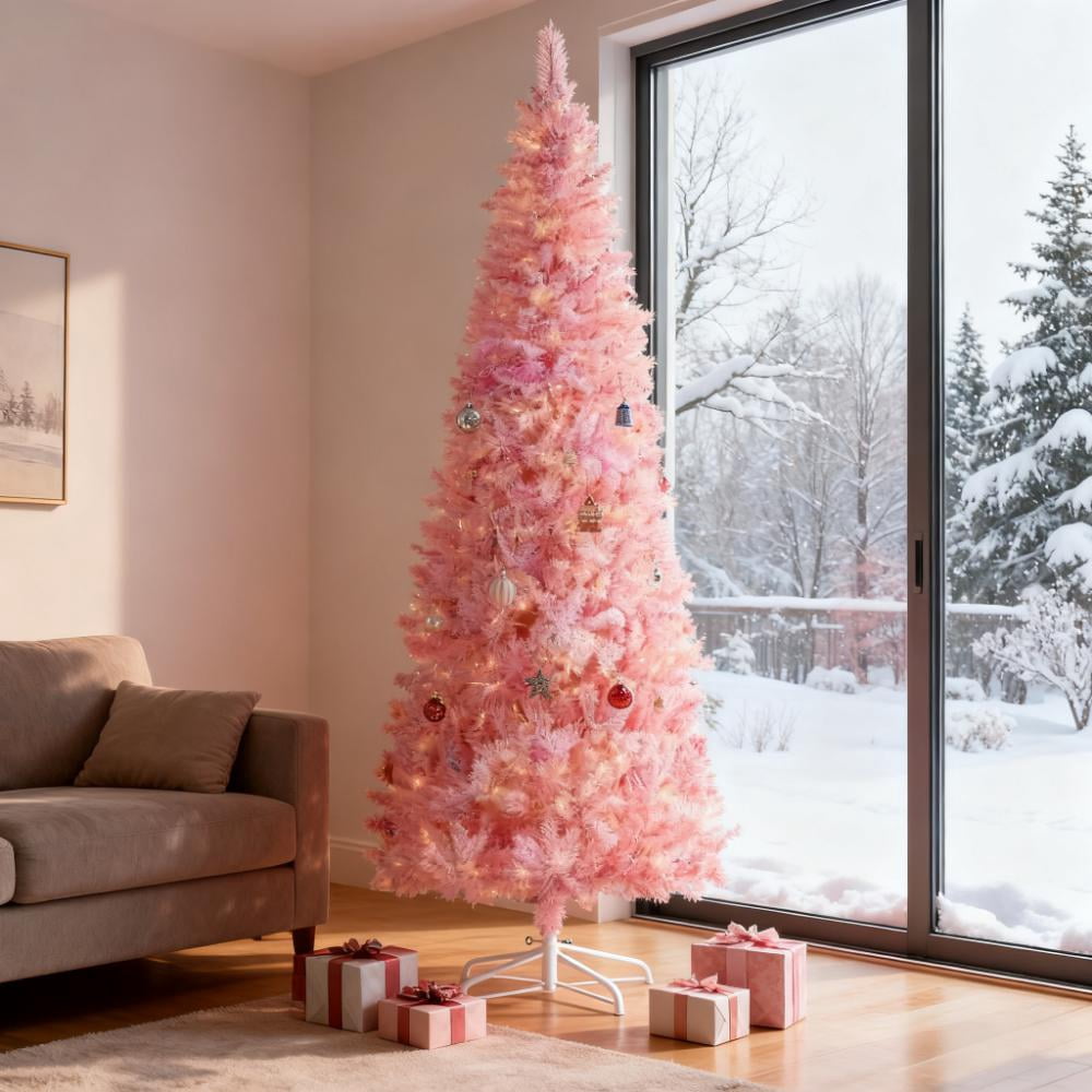 7.5ft Prelit Pink Snow Flocked Christmas Tree 700 Tips 350 LED Lights Auto-Open Branches Indoor Decor