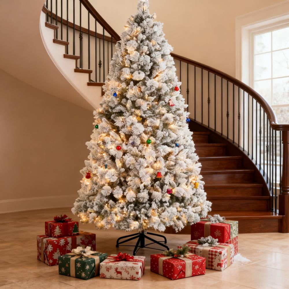 7.5ft Prelit Snow Flocked Christmas Tree with 500 Clear Lights 1530 Tips Auto-Open Branches Indoor Decor