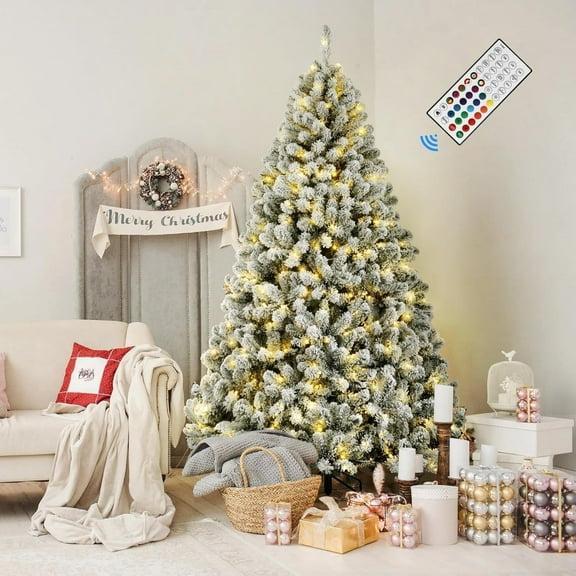 7.5ft Prelit Snow Flocked Spruce Artificial Christmas Tree with Remote (2025 Upgraded), 470 Pre-Lit Multi-Color RGB Lights, Full Snow Branch Tips for Home, Office, Xmas Decoration, 7.5 FT