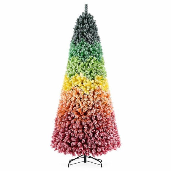 7.5ft Rainbow Gradient Flocked Artificial Christmas Tree with 1927 PVC Tips and Sturdy Metal Stand for Festive Holiday Home Decor