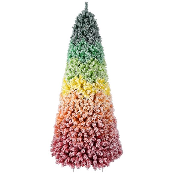 7.5ft Rainbow Gradient Flocked PVC Christmas Tree with 1927 Tips, Colorful Full-Bodied Artificial Pine with Snowy Finish, Hinged Design and Sturdy Metal Stand for Holiday Decoration