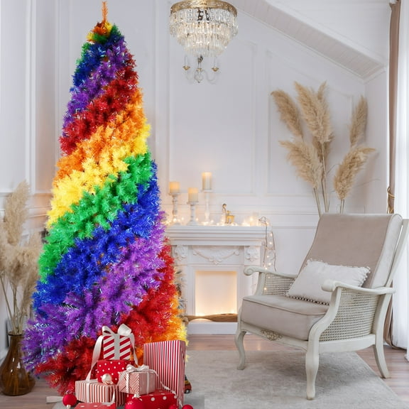 7.5ft Rainbow Spiral Christmas Tree, 1825 Branch Tips, Colorful PVC Artificial Holiday Tree with Unique Spiral Design, Full & Lush Shape, Sturdy Metal Stand for Indoor Christmas Decoration
