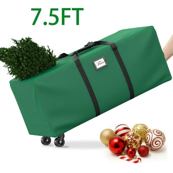 Rolling Christmas Tree Storage Bag, Waterproof Anti-Tear Heavy-Duty 600D Oxford Cloth Christmas 7.5 ft Tree Storage Box with Rolling Wheels, Green