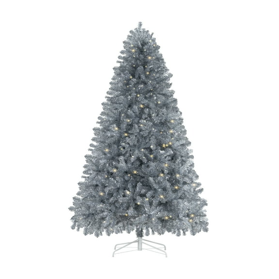 7.5ft Silver Christmas Tree with Lights, Tree Prelit with 1412 Branch Tips, 600 Warm Lights and Metal Stand by Homestock