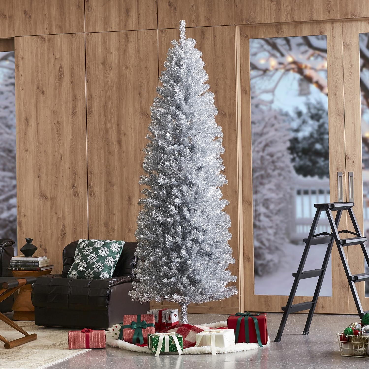 HONECA 7.5ft Silver Pencil Tinsel Artificial Christmas Tree, Hinged