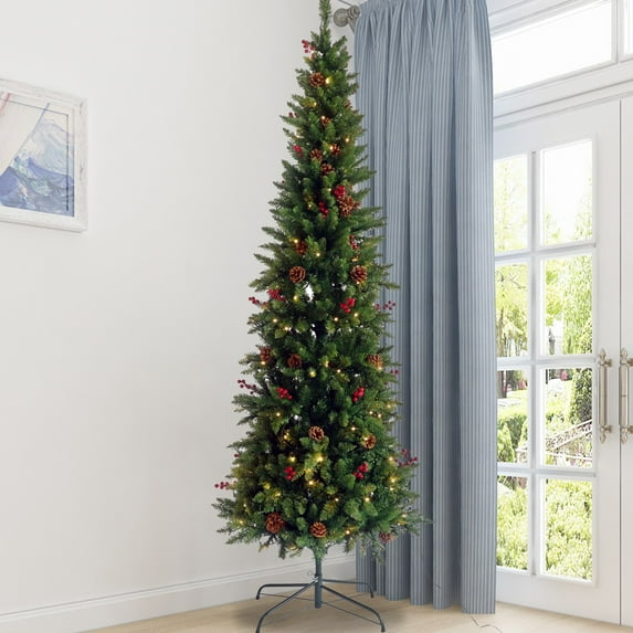 7.5ft Slim Christmas Tree, Artificial Pine Christmas Tree, Flocked Christmas Tree, Artificial Christmas Tree with Foldable Metal Stand(Green, 7.5 FT)
