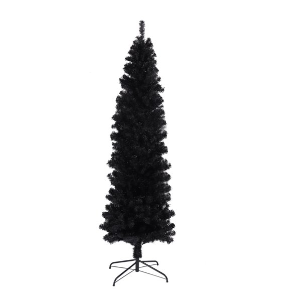 7.5ft Slim Pencil Christmas Tree, Black Artificial Xmas Tree with Metal Stand | 1000 Tips for Full Look | Space-Saving for Home, Halloween, Holiday Decor​