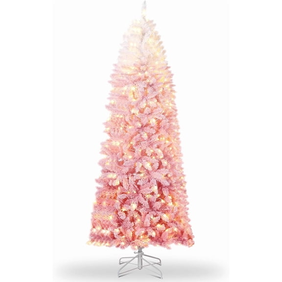 7.5ft Slim Pencil Pre-Lit Christmas Tree, Dual Color LEDs Ombre Gradient Foldable Metal Stand Holiday Decor,white+pink