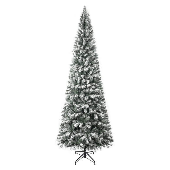 7.5ft Slim Snow Flocked Christmas Tree with Lights, Frosted Skinny Pencil Christmas Tree Prelit with 1102 Branch Tips, 350 Warm Lights and Metal Stand by Homestock