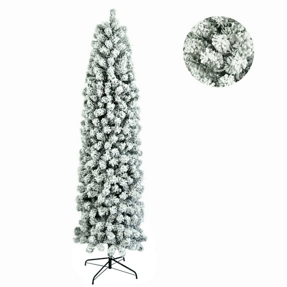 7.5ft Snow Flocked Pencil Christmas Tree, Hinged Artificial Slim Xmas Tree with 641 Branch Tips, Folding Metal Stand, Premium PE & PVC Material, Unlit Snowy Pine Tree for Indoor Home Office