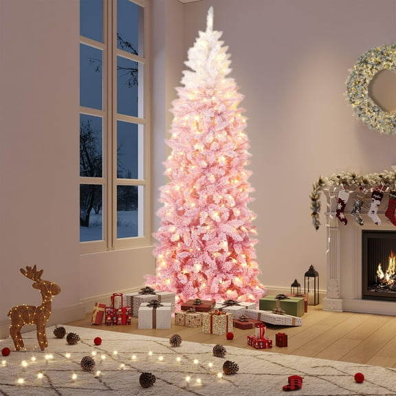 7.5ft Snow Flocked Slim Christmas Tree - Pink Gradient Artificial Xmas Tree with Metal Stand for Home & Office Holiday Decor