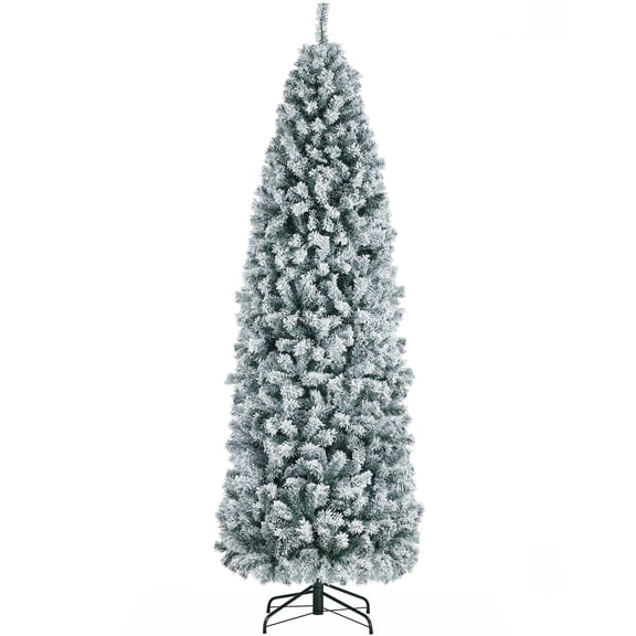 7.5ft Snow Frosted Artificial Christmas Tree, Unlit Slim Pencil Xmas Tree with 1086 PVC Branch Tips, Foldable Stand, Perfect for Home Office Party Indoor Holiday Decor, White