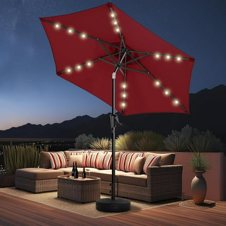 7.5ft Solar Patio Umbrella - Solar Lights LED Lighted Outdoor Market Table Umbrella, UPF50+ UV Protection with Push Button Tilt, Crank for Pool Deck and Garden (Burgundy Red)