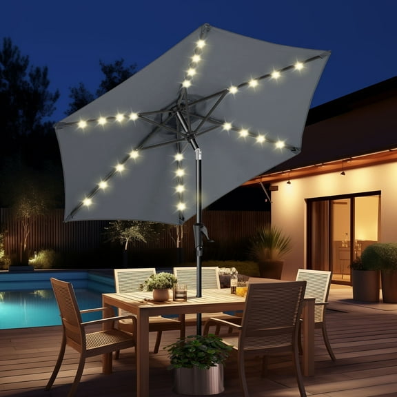 7.5ft Solar Polyester 18 LED Lighted Patio Umbrella with Tilt Adjustment and UV-Resistant Fabric,for Garden,Deck,Backyard,Pool and Beach