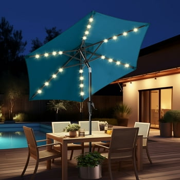 7.5ft Solar Polyester 18 LED Lighted Patio Umbrella with Tilt Adjustment and UV-Resistant Fabric,for Garden,Deck,Backyard,Pool and Beach