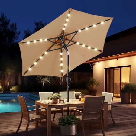 7.5ft Solar Polyester 18 LED Lighted Patio Umbrella with Tilt Adjustment and UV-Resistant Fabric,for Garden,Deck,Backyard,Pool and Beach