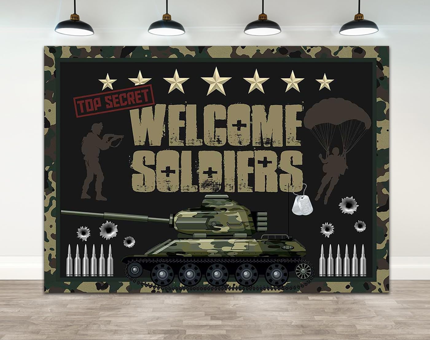 75ft Soldier Military Backdrop Green Camouflage Top Secret Action Little Soldiers Children's Birthday Party Decoration Banner Welcome Soldiers Party Cake Table Banner Portrait Studio Props