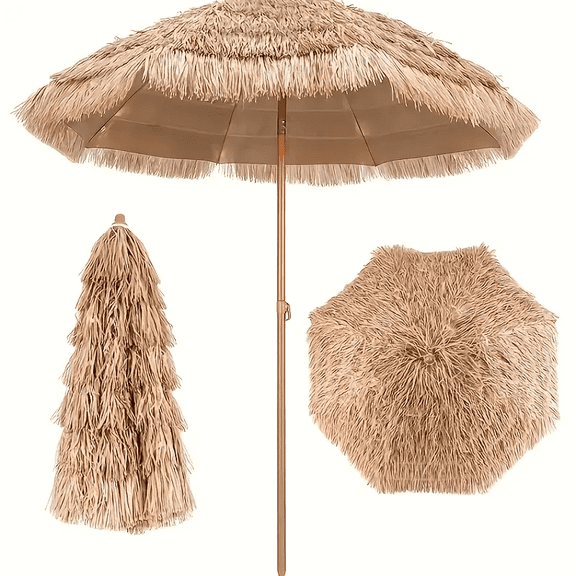 7.5ft Tropical Thatch Tiki Beach Umbrella, UV Protection Outdoor Umbrella with Push Button Tilt & Manual Lift, Steel Pole Iron Frame, Portable for Patio, Poolside, Garden & Backyard
