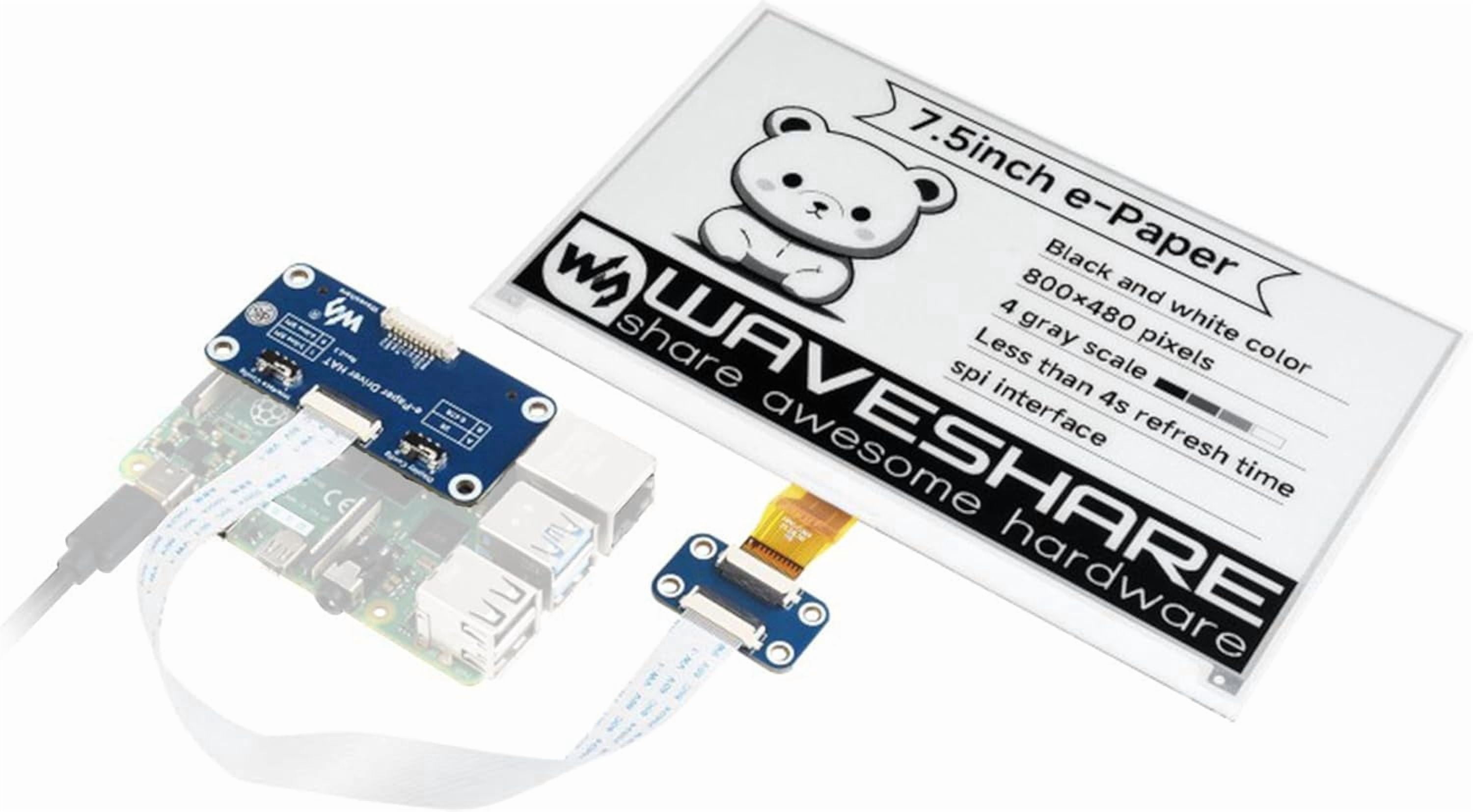 7.5inch e-Paper HAT Compatible with 5/4B/3B+/Zero/Zero W/Zero 2W/Pico/Pico W/Pico 2/Pico 2W/Jetson Nano, 800×480 Resolution 7.5inch E-Ink Display HAT, SPI Interface,Black White Two-Color