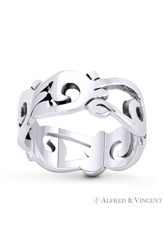 7.5mm (0.3in) Freeform Swirl Design Right Hand Ring Stackable Band in Oxidized .925 Sterling Silver