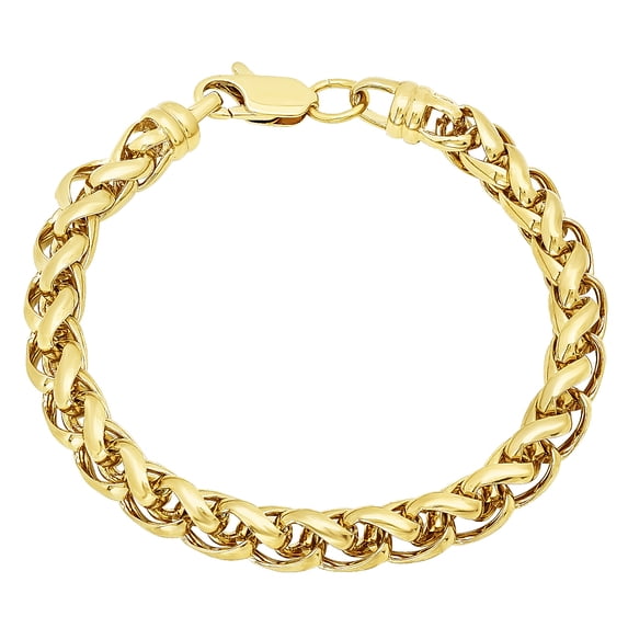 7.5mm 14k Yellow Gold Plated Braided Wheat Chain Bracelet, 8 inches