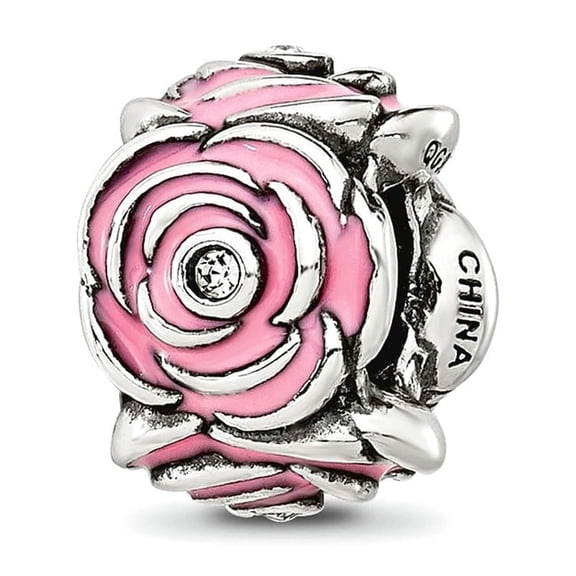 7.5mm 925 Sterling Silver Reflections Pink Enamel and Cubic Zirconia Floral Bead Charm Pendant Necklace for Women