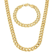 THE BLING FACTORY 7.5mm Polished 0.25 mils 14k Yellow Gold Plated Cuban Link Chain Necklace + Bracelet Set, 16" (Necklace) + 8" (Bracelet)