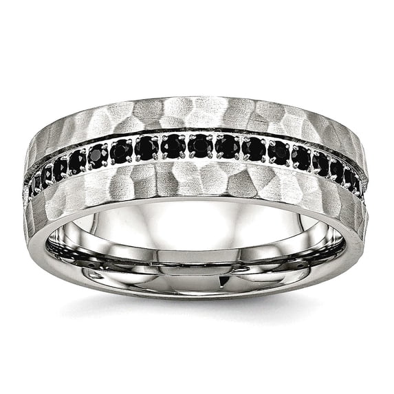 7.5mm Stainless Steel Brushed and Polished Black Cubic Zirconia Hammered Ring Size 10.5 Ring for Women