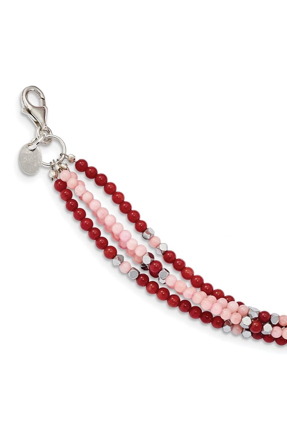 7.5mm Sterling Silver Hematite Red and Peach Coral 3-strand With 1inch Ext. Bracelet - 7.5 Inch