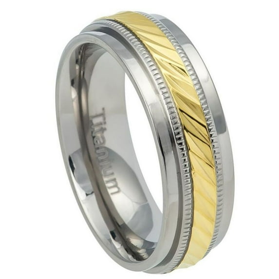 7.5mm Titanium Ring Yellow IP Notched Center with Milgrain Wedding Band Ring For Men Or Ladies