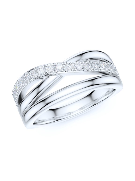 7.5mm Wide Sterling Silver Criss Cross Simulated Round Brilliant Cut Diamonds Wedding Ring (6)