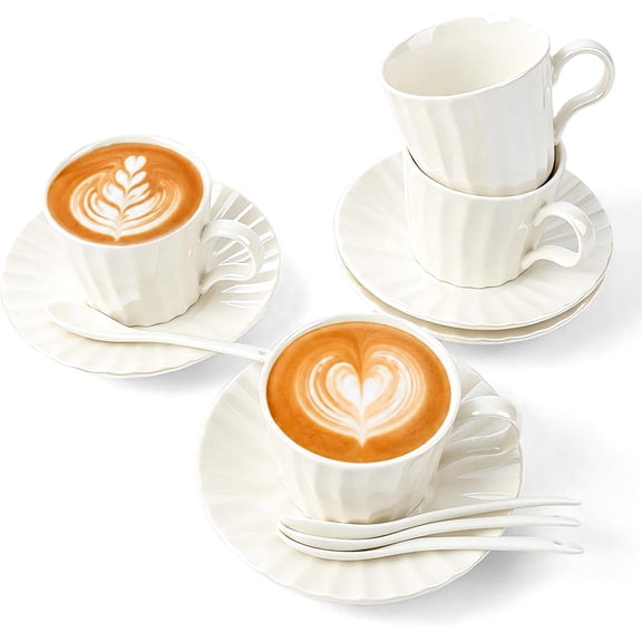7.5oz Ceramic Cappuccino Cup with and Spoon Set of 4 | Porcelain Coffee Cups Set for Latte, , Espresso,Cappuccino,Dishwasher and Microwave Safe, White