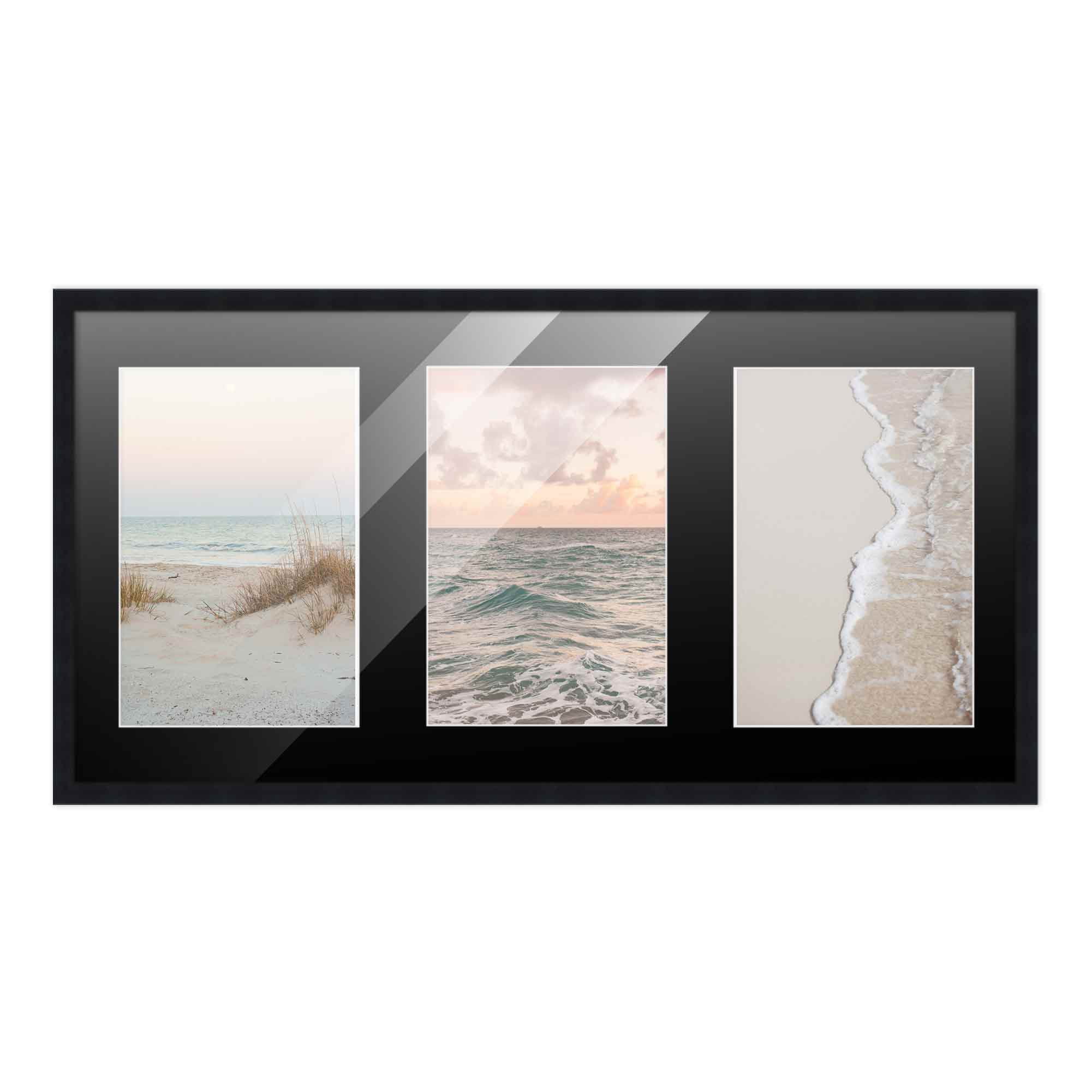 7.5x14.5 Black Wood Collage Frame with Black Mat For 3 4x6 Pictures