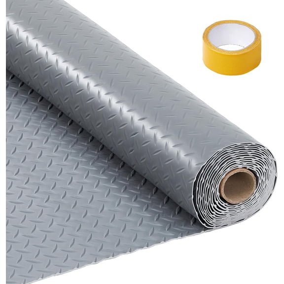 7.5x17 Ft Garage Floor Mat 110-mil Thick PVC Diamond Plate Non-Slip Garage Flooring Roll Waterproof Car Parking Floor Covering Tapes Included Grey