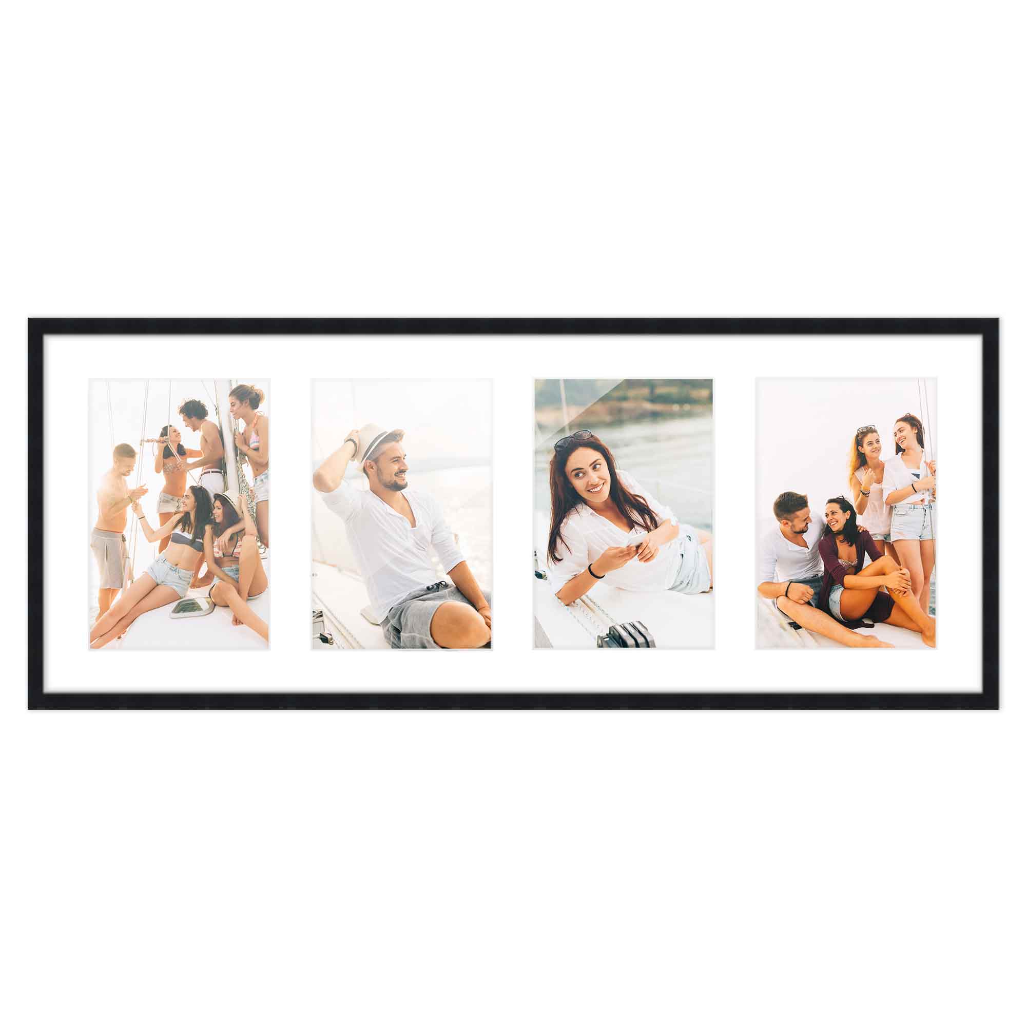 7.5x19 Black Wood Collage Frame with White Mat For 4 4x6 Pictures