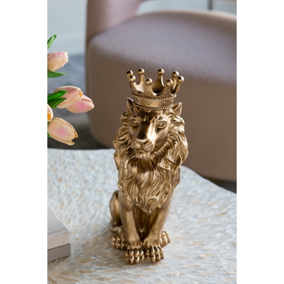 7.5x5.1x13" Sitting Crowned Gold Lion Statue, Animal Statue Dcor