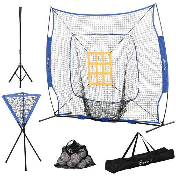 7.5x7ft Baseball Training Net Set, Portable Backstop Hitting & Pitching Net with Adjustable Batting Tee, Ball Collector and 12 Training Baseballs for Backyard Batting Fielding Practice
