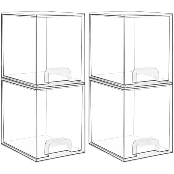 7.6" H Clear Stackable Storage Drawers, 4 Pack Plastic Organizers Bins for Skincare, Cosmetics,Beauty Supplies,Ideal for Vanity, Bathroom,Kitchen Countertop,Cabinet Organization